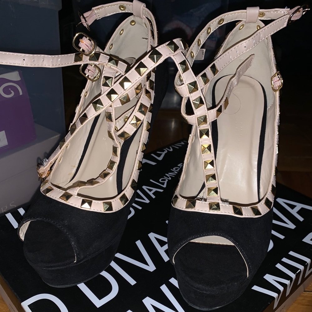 Wild Diva Studded Wedges w/ triple ankles straps